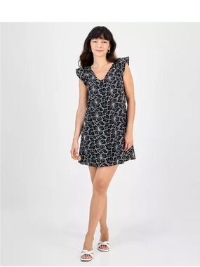 LOFT Black Dress with White Embroidered Detail